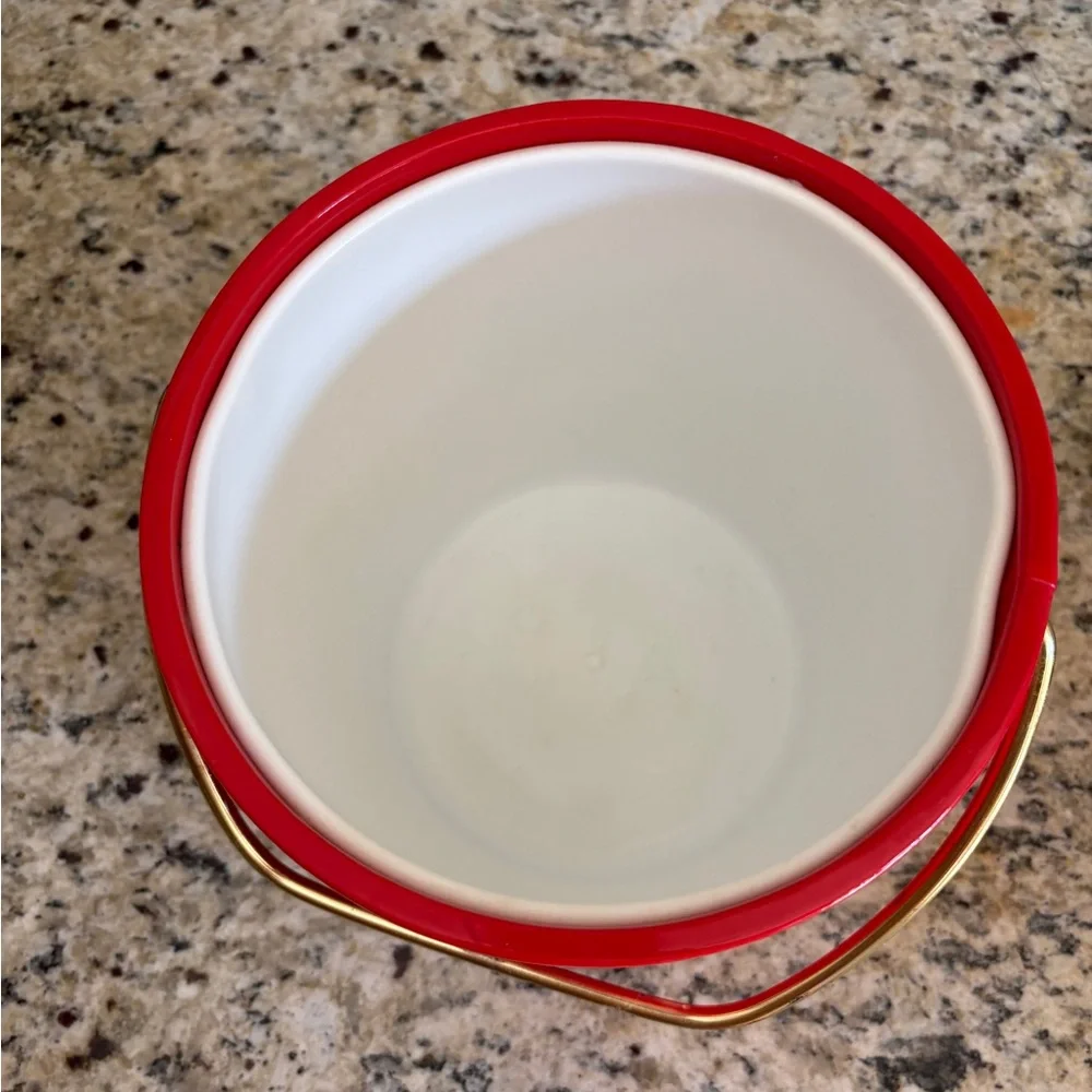 Vintage Mid-Century Bright Red Ice Bucket Barware USA Retro Mod Gold Handle